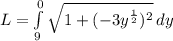 L=\int\limits^0_9 {\sqrt{1+(-3y^{\frac{1}{2}})^2}} \, dy