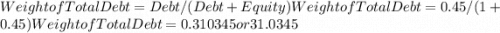 Weight of Total Debt = Debt/ (Debt + Equity) Weight of Total Debt = 0.45/(1+0.45) Weight of Total Debt = 0.310345 or 31.0345%