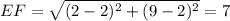 EF = \sqrt{ (2-2)^2 + (9-2)^2} =  7 \quad
