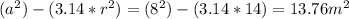 (a^2)-(3.14*r^2)=(8^2)-(3.14*14)=13.76m^2