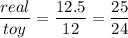 \dfrac{real}{toy} =\dfrac{12.5}{12} =\dfrac{25}{24}