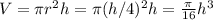V =  \pi r^2 h = \pi (h/4)^2 h = \frac{\pi}{16} h^3