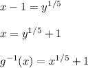 x-1 = y^{1/5} \\  \\ x = y^{1/5} +1 \\  \\ g^{-1} (x) = x^{1/5} + 1