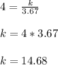 4= \frac{k}{3.67}\\  \\ k= 4*3.67 \\ \\ k= 14.68