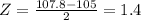 Z=\frac{ 107.8-105}{2}=1.4