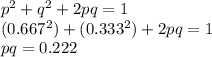 p^2 + q^2 + 2pq = 1\\(0.667^2) + (0.333^2) + 2 pq = 1\\pq = 0.222\\