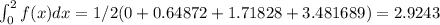 \int_{0}^{2}f(x) dx= 1/2(0+0.64872+1.71828+3.481689)=2.9243