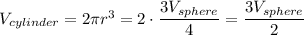 V_{cylinder}=2\pi r^3=2\cdot \dfrac{3V_{sphere}}{4}=\dfrac{3V_{sphere}}{2}