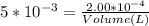 5 * 10^{-3} = \frac{2.00*10^{-4}}{Volume (L)}