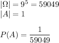 |\Omega|=9^5=59049\\ |A|=1\\\\ P(A)=\dfrac{1}{59049}