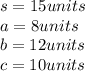 s=15 units\\ a=8 units\\ b=12 units\\ c=10 units