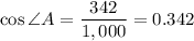 \cos\angle A=\dfrac{342}{1,000}=0.342