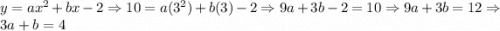 y=ax^2+bx-2 \Rightarrow 10 = a(3^2)+b(3)-2 \Rightarrow 9a+3b-2=10 \Rightarrow 9a+3b=12 \Rightarrow 3a+b=4