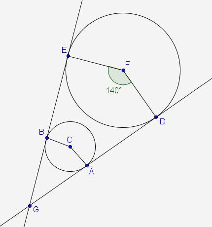 `stackrel(harr)(dg)` and `stackrel(harr)(eg)` are tangent to circle c and circle f. the points of ta