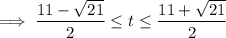 \implies\dfrac{11-\sqrt{21}}2\le t\le\dfrac{11+\sqrt{21}}2