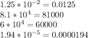 1.25 * 10 ^ {-2} = 0.0125\\8.1 * 10 ^ 4 = 81000\\6 * 10 ^ 4 = 60000\\1.94 * 10 ^ {-5} = 0.0000194