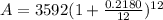 A=3592(1+\frac{0.2180}{12})^{12}