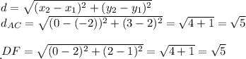 d=\sqrt{(x_{2}-x_{1})^{2}+(y_{2}-y_{1})^{2}}\\d_{AC} =\sqrt{(0-(-2))^{2}+(3-2)^{2}}=\sqrt{4+1}=\sqrt{5}\\\\\d_{DF} =\sqrt{(0-2)^{2}+(2-1)^{2}}=\sqrt{4+1}=\sqrt{5}