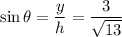 \sin \theta = \dfrac y h = \dfrac{3}{\sqrt{13}}