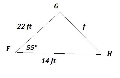Use the law of cosines to find the missing angle. in fgh, g = 14 ft, h = 22 ft, and m< f=55deg. f