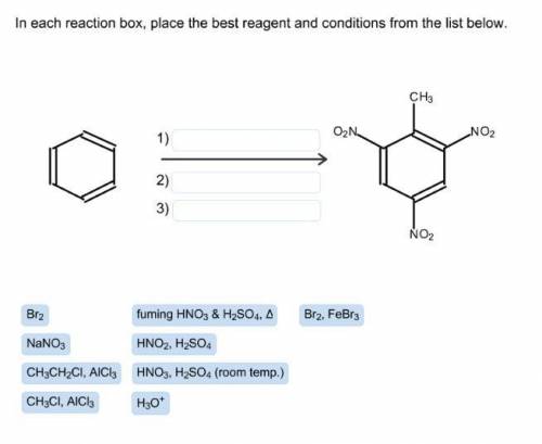 In each reaction box place the best reagent and conditions from the list below benzene 3 boxes