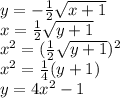 y=-\frac{1}{2}\sqrt{x+1} \\ x=\frac{1}{2}\sqrt{y+1}\\ x^{2} =(\frac{1}{2}\sqrt{y+1})^{2}\\ x^{2} =\frac{1}{4}(y+1)\\ y=4x^{2} -1