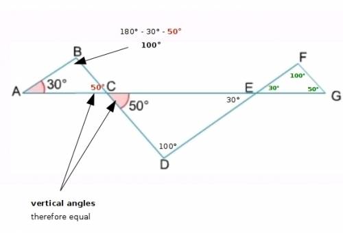Triangles abc, edc, and efg are similar triangles. the measures of the three interior angles of tria