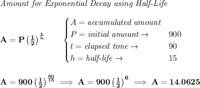 \bf \textit{Amount for Exponential Decay using Half-Life} \\\\ A=P\left( \frac{1}{2} \right)^{\frac{t}{h}}\qquad  \begin{cases} A=\textit{accumulated amount}\\ P=\textit{initial amount}\to &900\\ t=\textit{elapsed time}\to &90\\ h=\textit{half-life}\to &15 \end{cases} \\\\\\ A=900\left( \frac{1}{2} \right)^{\frac{90}{15}}\implies A=900\left( \frac{1}{2} \right)^6\implies A=14.0625