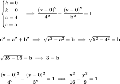 \bf \begin{cases} h=0\\ k=0\\ a=4\\ c=5 \end{cases}\implies  \cfrac{(x- 0)^2}{ 4^2}-\cfrac{(y- 0)^2}{ b^2}=1 \\\\\\ c^2=a^2+b^2\implies \sqrt{c^2-a^2}=b\implies \sqrt{5^2-4^2}=b \\\\\\ \sqrt{25-16}=b\implies 3=b \\\\\\ \cfrac{(x- 0)^2}{ 4^2}-\cfrac{(y- 0)^2}{ 3^2}=1\implies \cfrac{x^2}{16}-\cfrac{y^2}{9}=1
