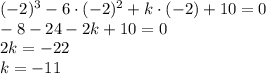 (-2)^3-6\cdot(-2)^2+k\cdot(-2)+10=0\\&#10;-8-24-2k+10=0\\&#10;2k=-22\\&#10;k=-11&#10;