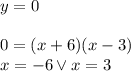 y=0\\\\&#10;0=(x+6)(x-3)\\&#10;x=-6 \vee x=3