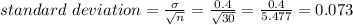 standard \ deviation= \frac{\sigma}{\sqrt{n}} = \frac{0.4}{\sqrt{30}} = \frac{0.4}{5.477} =0.073