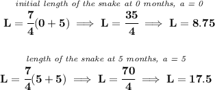 \bf \stackrel{\textit{initial length of the snake at 0 months, a = 0}}{L=\cfrac{7}{4}(0+5)\implies L=\cfrac{35}{4}\implies L=8.75}&#10;\\\\\\&#10;\stackrel{\textit{length of the snake at 5 months, a = 5}}{L=\cfrac{7}{4}(5+5)\implies L=\cfrac{70}{4}\implies L=17.5}