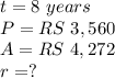 t=8\ years\\ P=RS\ 3,560\\ A=RS\ 4,272\\r=?