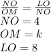\frac{NO}{OM} =\frac{LO}{NO} \\ NO=4\\ OM=k\\ LO=8
