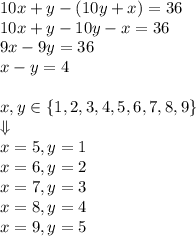 10x+y-(10y+x)=36\\&#10;10x+y-10y-x=36\\&#10;9x-9y=36\\&#10;x-y=4\\\\&#10;x,y\in\{1,2,3,4,5,6,7,8,9\}\\&#10;\Downarrow\\&#10;x=5,y=1\\&#10;x=6,y=2\\&#10;x=7,y=3\\&#10;x=8,y=4\\&#10;x=9,y=5&#10;&#10;&#10;