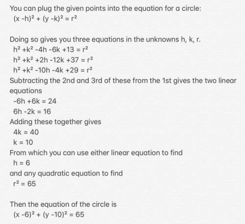 Find an equation of the circle passing through the points (2, 3), (−1, 6), and (5, 2).