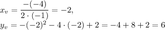 x_v=\dfrac{-(-4)}{2\cdot(-1)}=-2, \\ y_v=-(-2)^2-4\cdot (-2)+2=-4+8+2=6