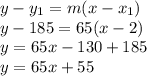y-y_{1} =m(x-x_{1} )\\y-185=65(x-2)\\y=65x-130+185\\y=65x+55