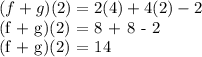 (f + g)(2) = 2(4) + 4(2) - 2&#10;&#10;(f + g)(2) = 8 + 8 - 2&#10;&#10;(f + g)(2) = 14