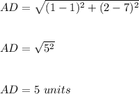 AD=\sqrt{(1-1)^2+(2-7)^2}\\\\\\AD=\sqrt{5^2}\\\\\\AD=5\ units
