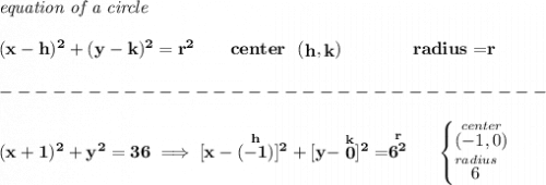 \bf \textit{equation of a circle}\\\\ &#10;(x- h)^2+(y- k)^2= r^2&#10;\qquad &#10;center~~(\stackrel{}{ h},\stackrel{}{ k})\qquad \qquad &#10;radius=\stackrel{}{ r}\\\\&#10;-------------------------------\\\\&#10;(x+1)^2+y^2=36\implies [x-(\stackrel{h}{-1})]^2+[y-\stackrel{k}{0}]^2=\stackrel{r}{6^2}~~~~&#10;\begin{cases}&#10;\stackrel{center}{(-1,0)}\\&#10;\stackrel{radius}{6}&#10;\end{cases}