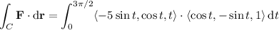 \displaystyle\int_C\mathbf F\cdot\mathrm d\mathbf r=\int_0^{3\pi/2}\langle-5\sin t,\cos t,t\rangle\cdot\langle\cos t,-\sin t,1\rangle\,\mathrm dt