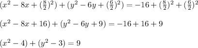 (x^2-8x+(\frac{8}{2})^{2} )+(y^2-6y+(\frac{6}{2})^{2})=-16+(\frac{8}{2})^{2}+(\frac{6}{2})^{2}\\\\(x^2-8x+16)+(y^2-6y+9)=-16+16+9\\\\(x^2-4)+(y^2-3)=9