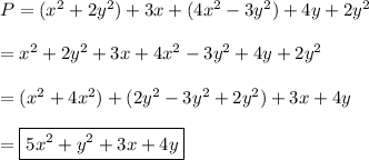 P=(x^2+2y^2)+3x+(4x^2-3y^2)+4y+2y^2\\\\=x^2+2y^2+3x+4x^2-3y^2+4y+2y^2\\\\=(x^2+4x^2)+(2y^2-3y^2+2y^2)+3x+4y\\\\=\boxed{5x^2+y^2+3x+4y}