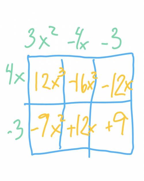 Choose the correct simplification of (4x - 3)(3x^2 - 4x - 3).a) 12x^3 + 25x^2 + 9b) 12x^3 - 25x^2 -