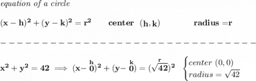 \bf \textit{equation of a circle}\\\\ &#10;(x- h)^2+(y- k)^2= r^2&#10;\qquad &#10;center~~(\stackrel{}{ h},\stackrel{}{ k})\qquad \qquad &#10;radius=\stackrel{}{ r}\\\\&#10;-------------------------------\\\\&#10;x^2+y^2=42\implies (x-\stackrel{h}{0})^2+(y-\stackrel{k}{0})=(\stackrel{r}{\sqrt{42}})^2~~&#10;\begin{cases}&#10;center~(0,0)\\&#10;radius=\sqrt{42}&#10;\end{cases}