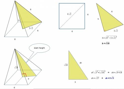 Find the slant height of this square pyramid. the answer has to be in a x√x form.  in advance. c: