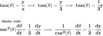 \bf tan(\theta )=\cfrac{y}{x}\implies tan(\theta )=\cfrac{y}{3}\implies tan(\theta )=\cfrac{1}{3}y&#10;\\\\\\&#10;\stackrel{chain~rule}{sec^2(\theta )\cfrac{d\theta }{dt}}=\cfrac{1}{3}\cdot \cfrac{dy}{dt}\implies \cfrac{1}{cos^2(\theta )}\cdot \cfrac{d\theta }{dt}=\cfrac{1}{3}\cdot \cfrac{dy}{dt}