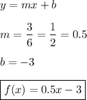 y=mx+b\\\\m=\dfrac{3}{6}=\dfrac{1}{2}=0.5\\\\b=-3\\\\\boxed{f(x)=0.5x-3}